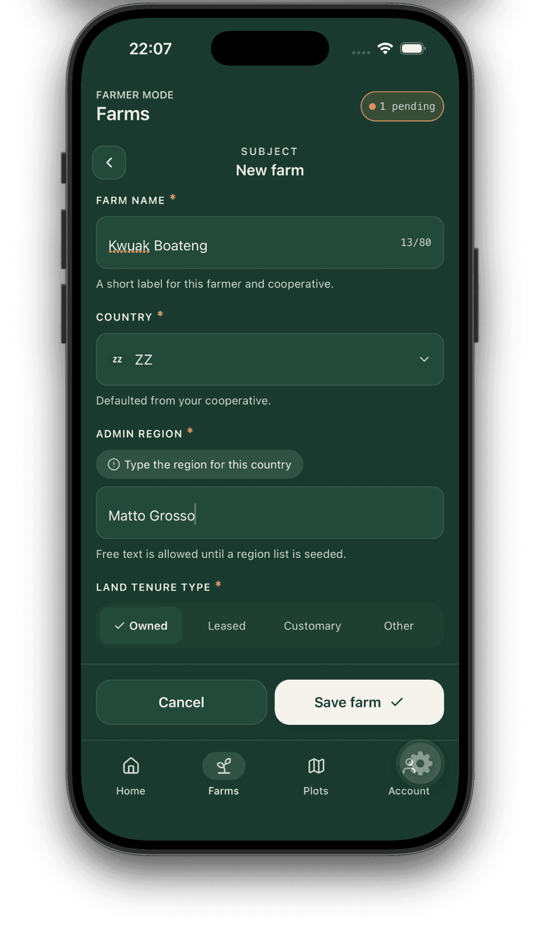 Bosqio producer app farm record screen