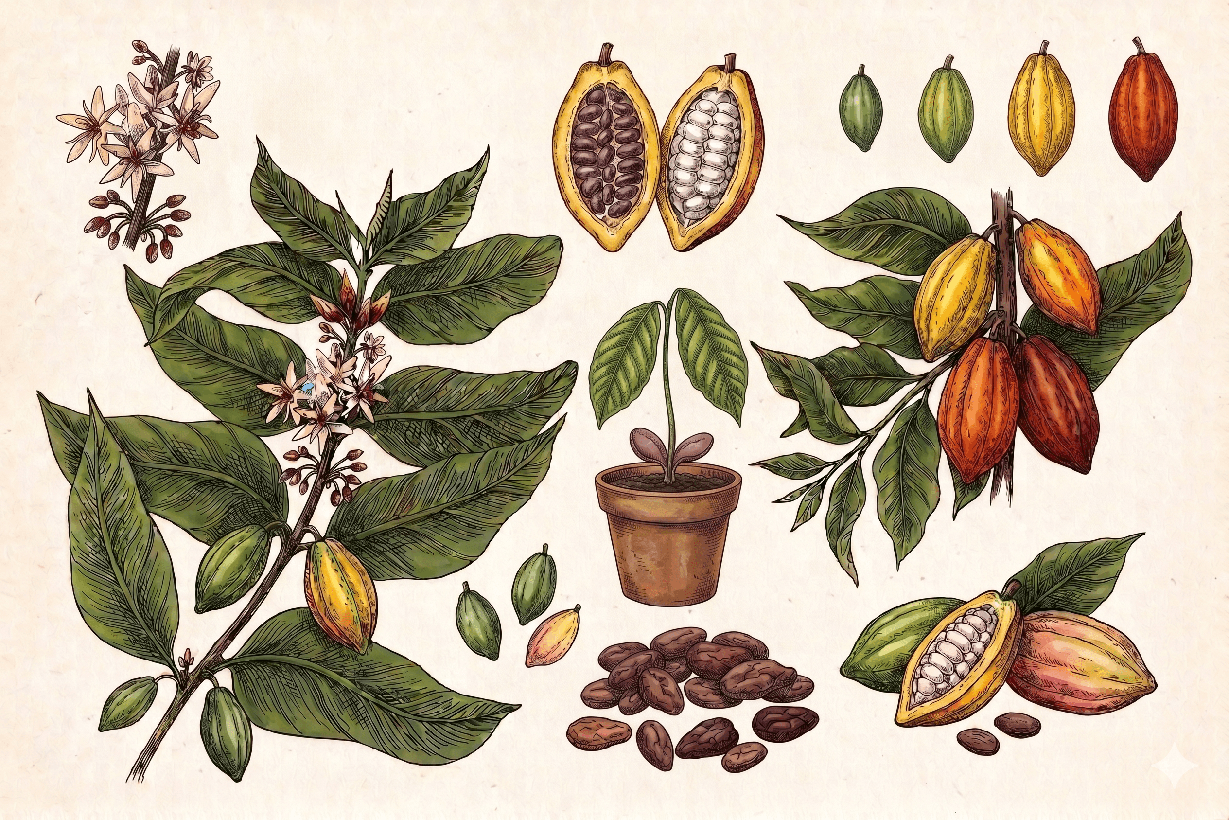 Cocoa pods and cocoa beans