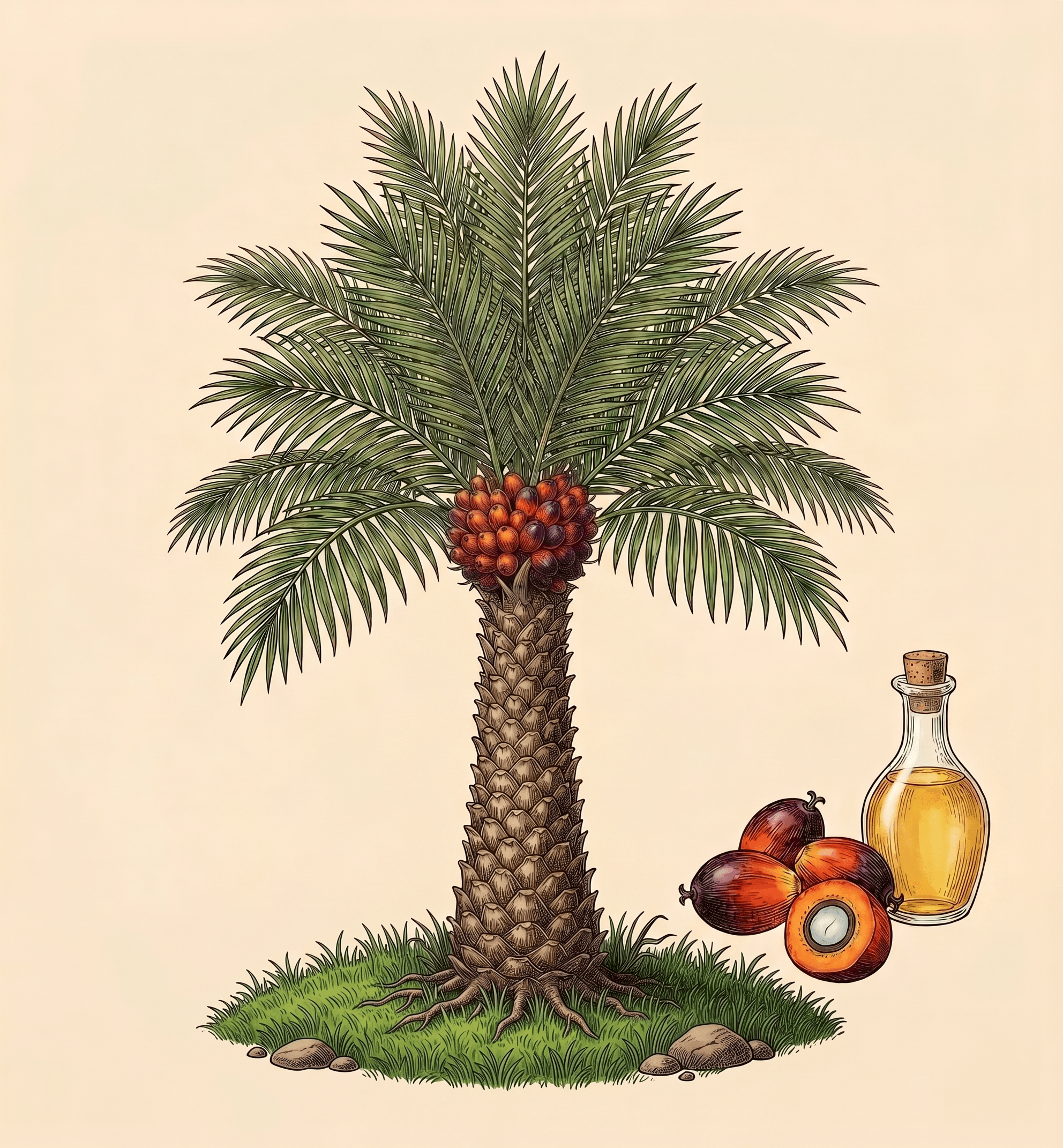 Oil palm fruit and palm leaves
